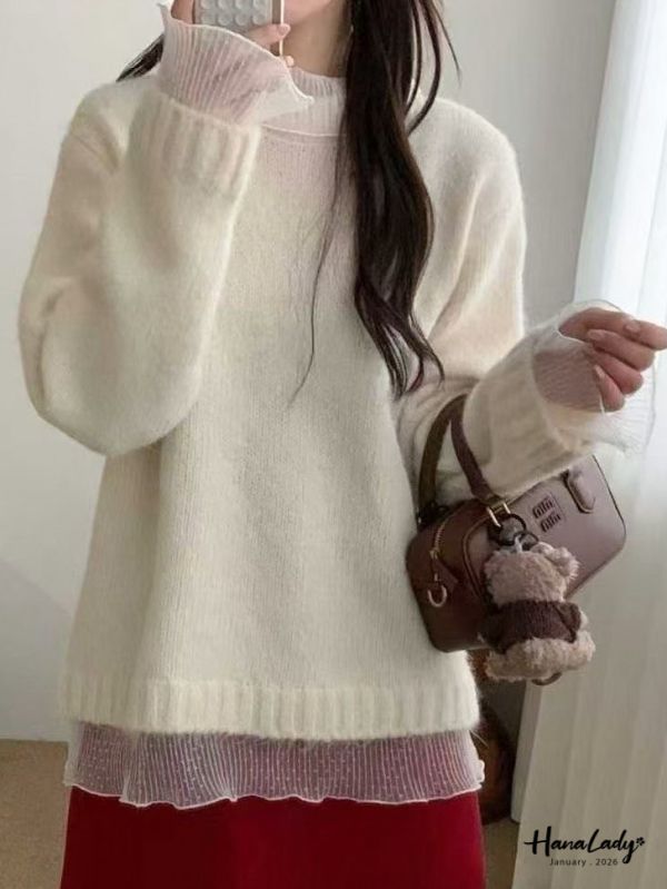 LEA45 拼接點點紗領針織上衣 