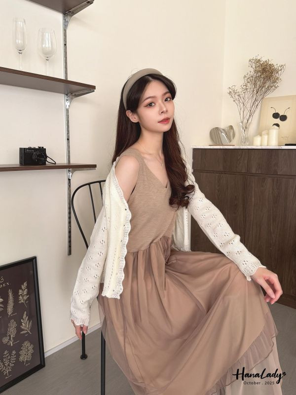 WTA23 異材質拼接層次網紗長洋 