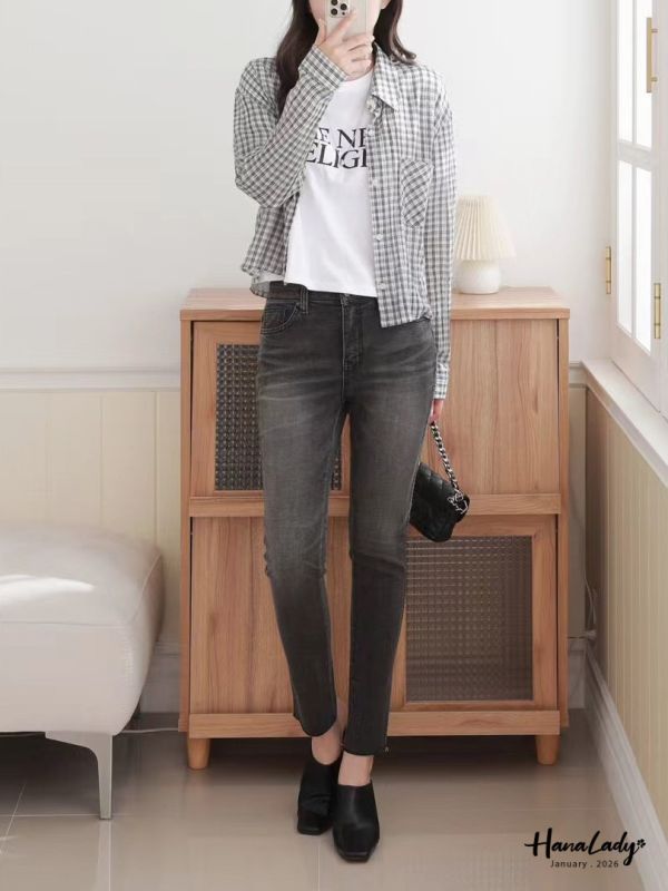 LEB12 黑灰顯瘦煙管丹寧褲 