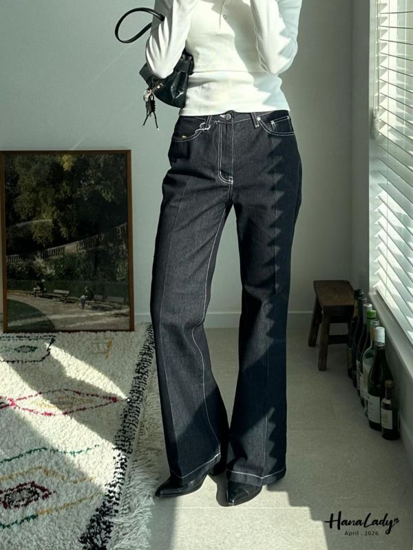 LFA42 直條紋布料丹寧喇叭褲 