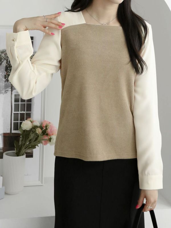 WQA96 俐落小方領針織拼接雪紡衫 