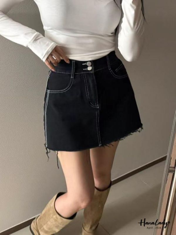 LFA63 雙釦車線顯瘦A字版丹寧褲裙 