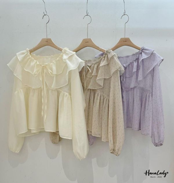 LSA11 浪漫綁帶荷葉碎花上衣 