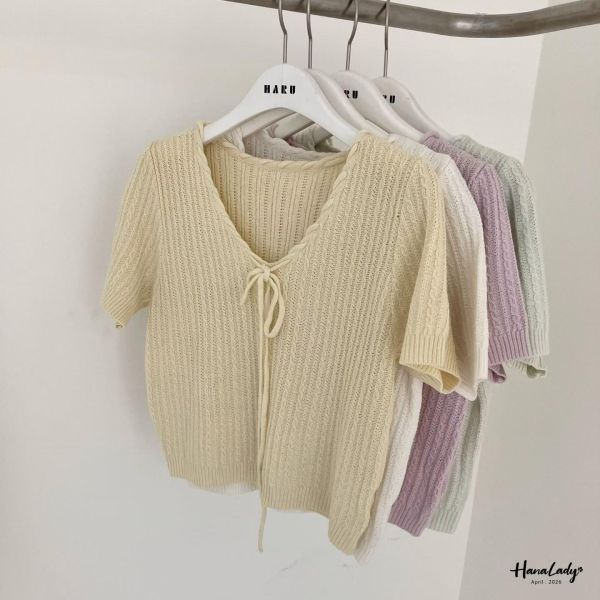 LFA69 小麻花綁結領針織上衣 