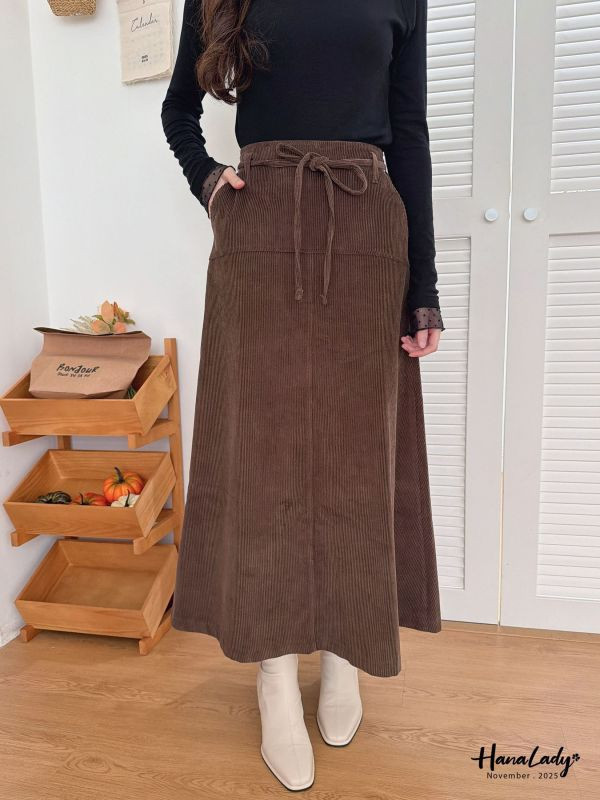 WJA90 附綁帶燈芯絨A字長裙 