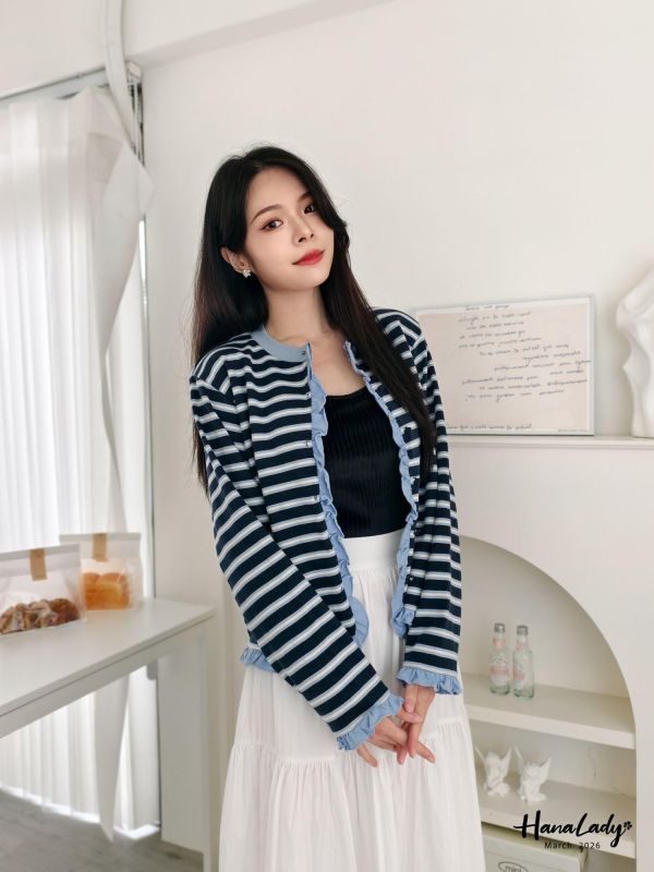 LSA09 質感花瓣邊條紋排釦上衣 