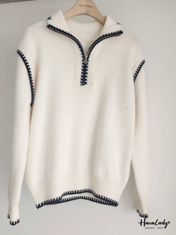 LEA70 拉鍊領設計線條針織上衣 