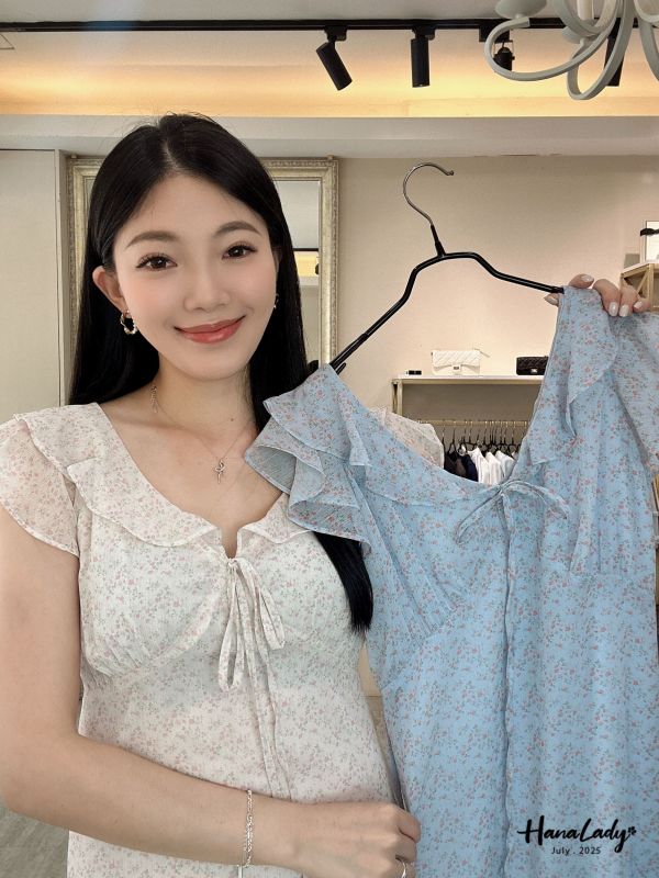 WCA46 古典荷葉V領碎花長洋 