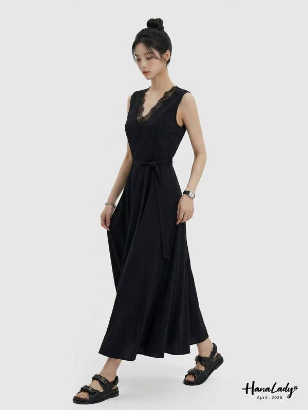 LFA26 高質感蕾絲V領背心長洋 