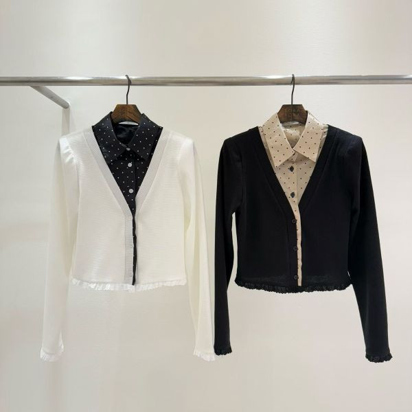 WQB62 點點拼接假兩件針織上衣 