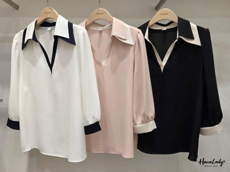 LSA22 層次V領配色雪紡衫 