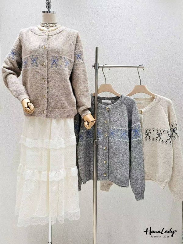 LEA07 象牙釦蝴蝶結針織外 