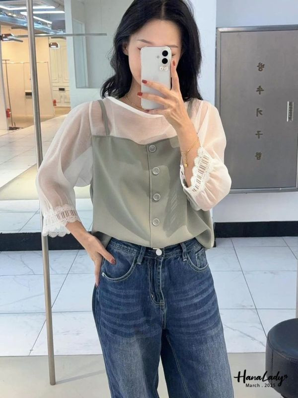 WSA59 可愛減齡假兩件上衣 