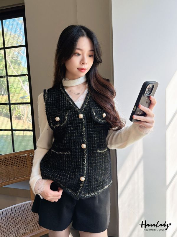 WJB42 金蔥點綴珍珠釦毛料背心 