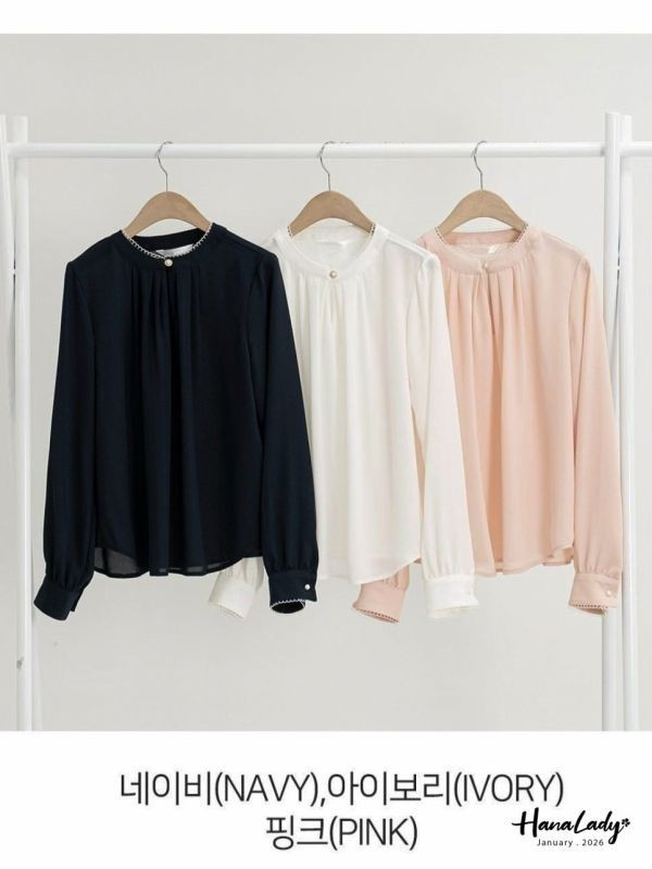 LEA26 珍珠領線圈滾邊雪紡上衣 