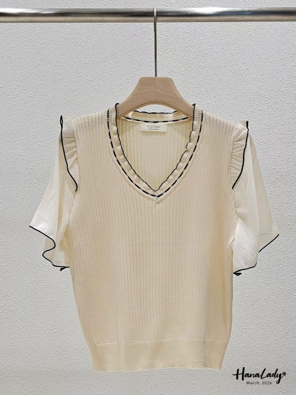 LSA06 浪漫雪紡滾邊V領針織上衣 