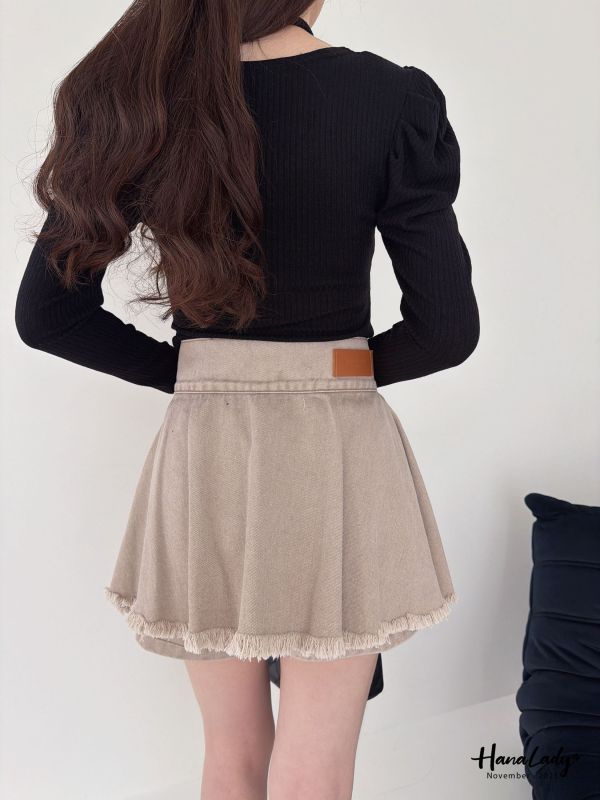 WJA84 寬腰雙釦鬚邊褲裙 