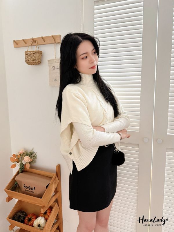 LEA18 必收兩件式麻花斗篷針織上衣 