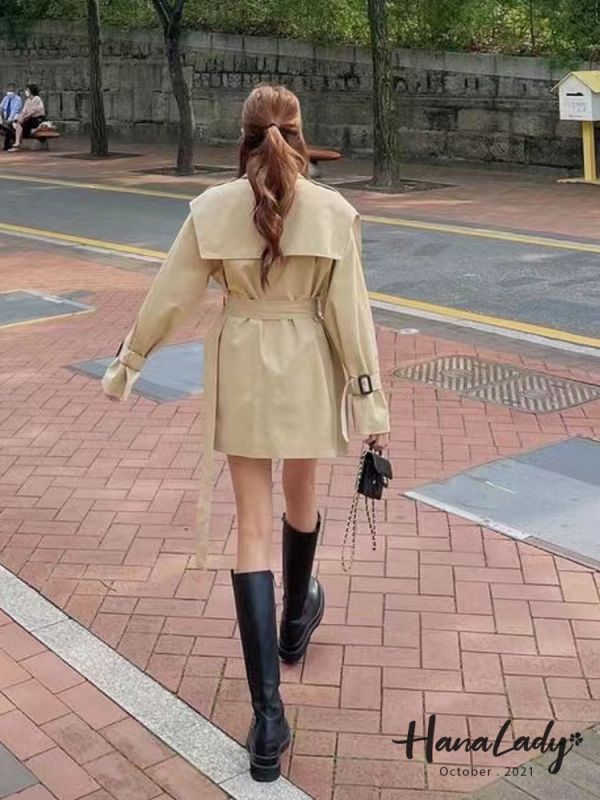 ETA73 春秋必備翻領雙排釦綁腰風衣外 