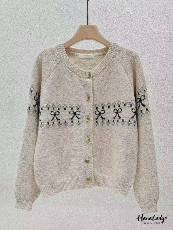 LEA07 象牙釦蝴蝶結針織外 