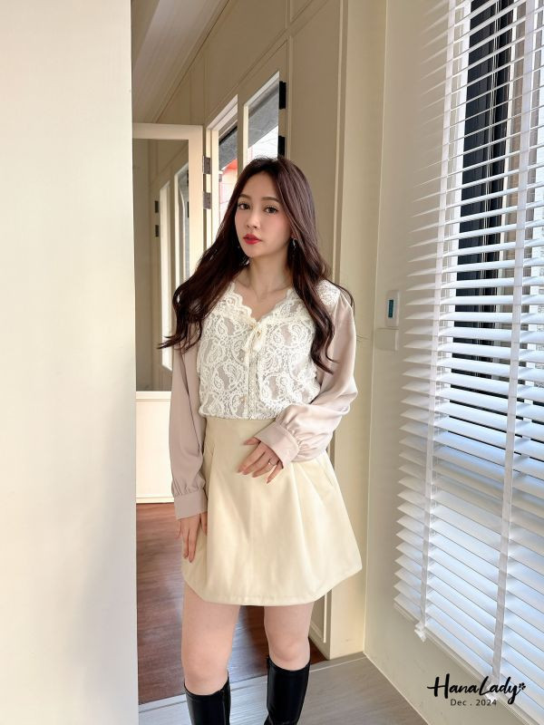 FQA82 綁結滿版蕾絲拼接雪紡衫 