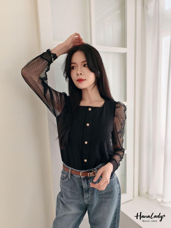 LSA19 蕾絲點點透袖針織上衣 