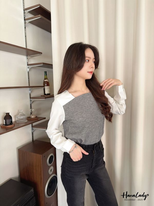 WQA96 俐落小方領針織拼接雪紡衫 