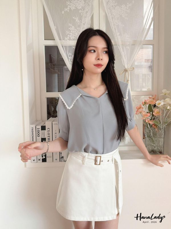 LFA11 甜美蕾絲邊翻領雪紡上衣 