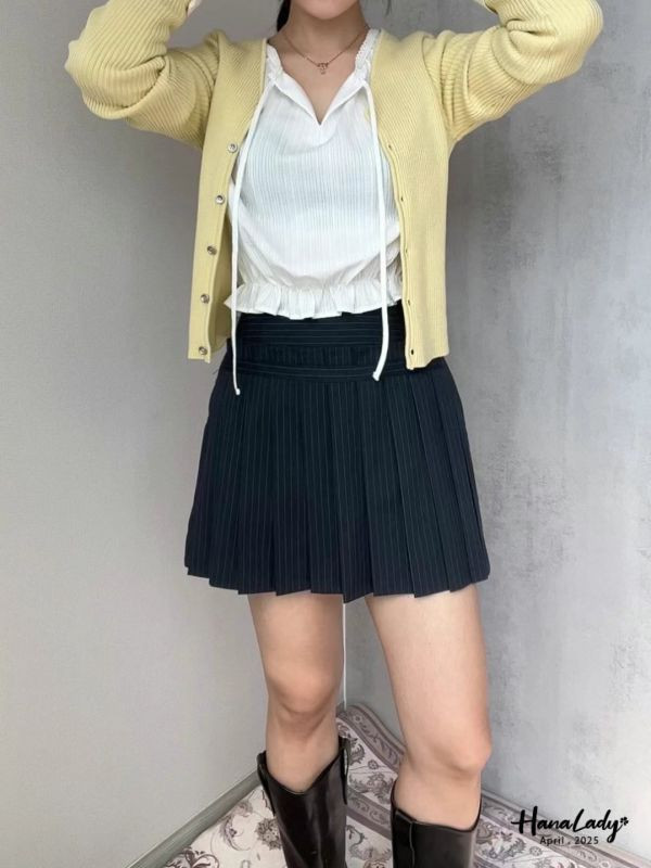 WFA78 設計感條紋後鬆緊百褶裙 正韓 韓國服飾 韓國連線