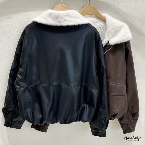 LEA65 率性毛毛領柔軟皮革外 