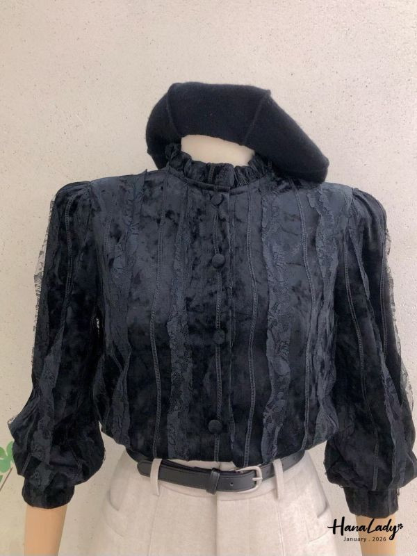 LEA43 極繁主義蕾絲絨布上衣 