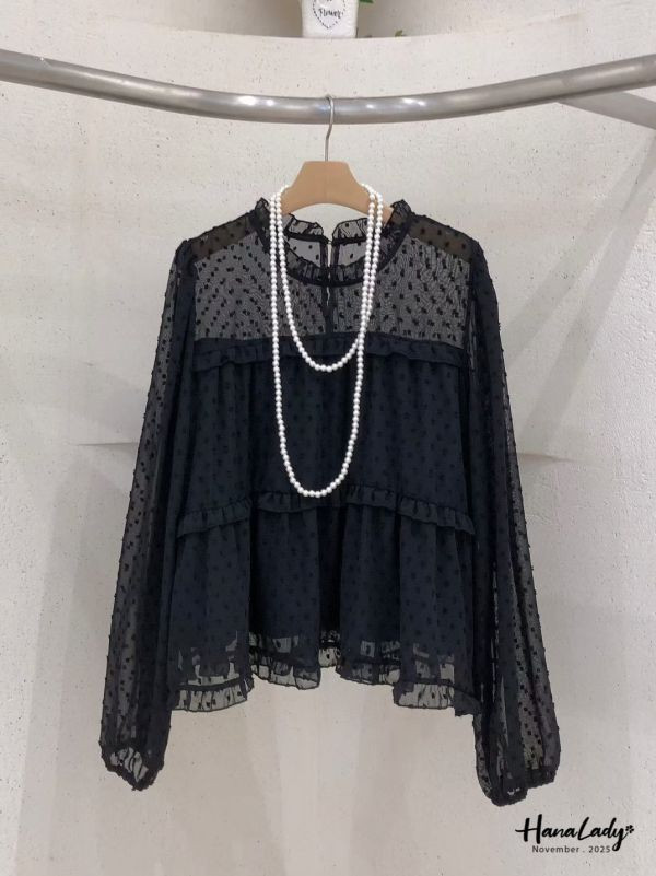 WJA39 日系透袖領層次波點上衣 