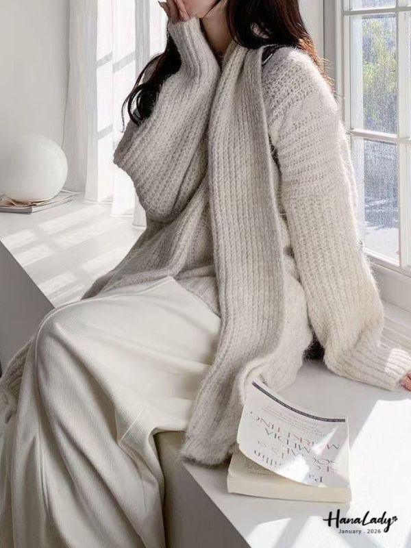 LEA32 麻花V領羊毛上衣附圍巾 