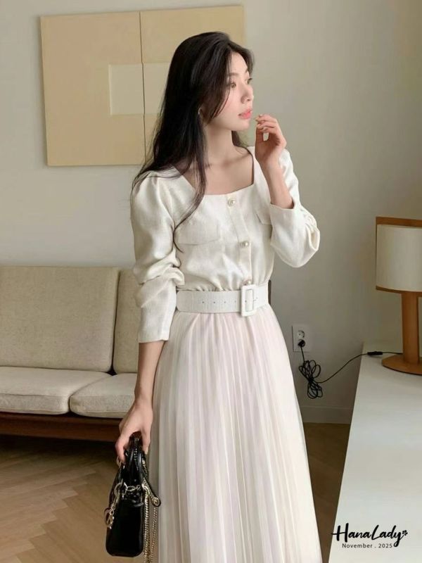 WJA58 精緻珍珠金釦接紗長洋 