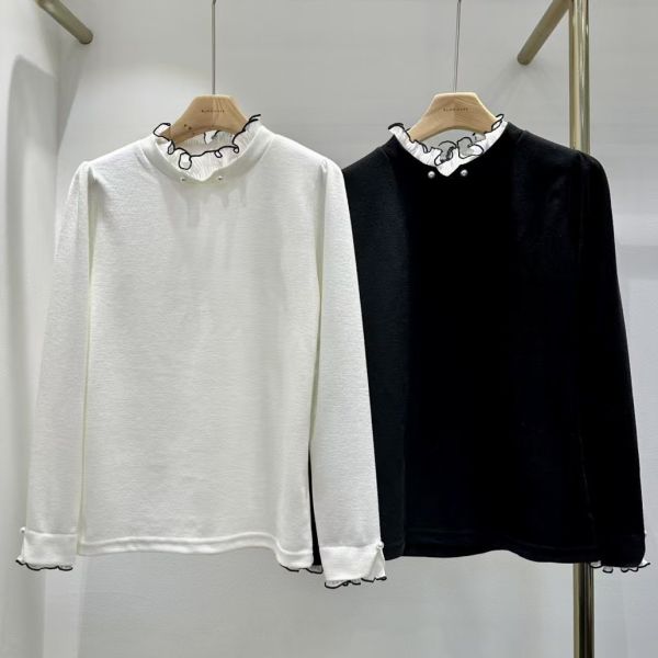 WQA60 接紗滾邊珍珠純色上衣 