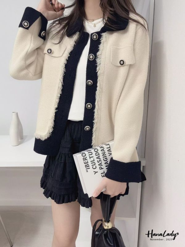 WJB09 精緻造型釦拼色針織外 