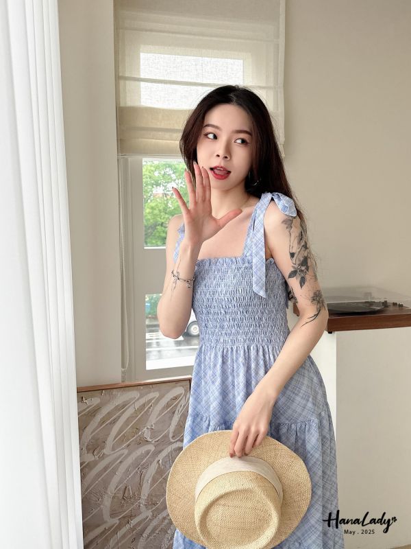 WWA13 渡假風層次感格紋洋裝 