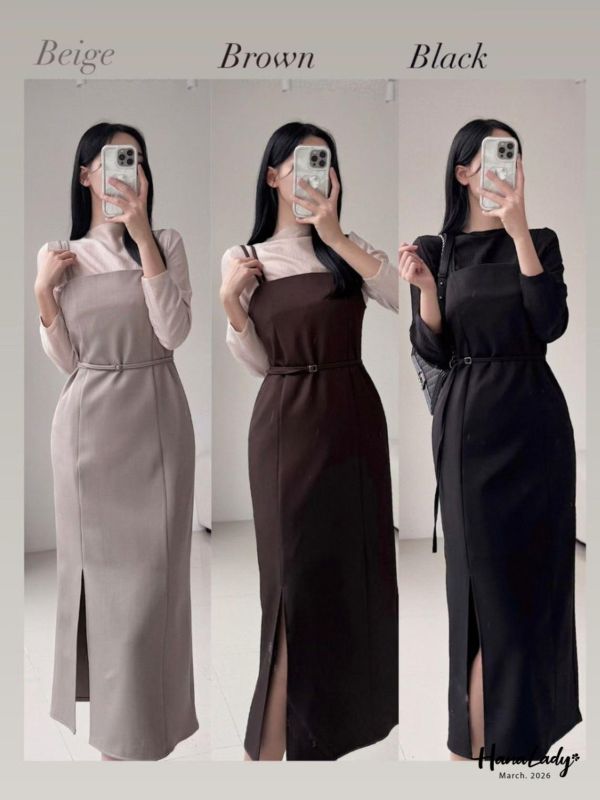 LSA46 知性釦帶側開衩洋裝 