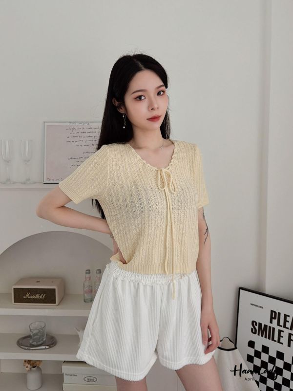 LFA69 小麻花綁結領針織上衣 