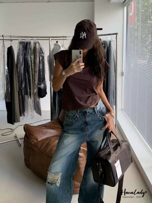 WKA70 超高回頭率刷破鉚釘寬褲 