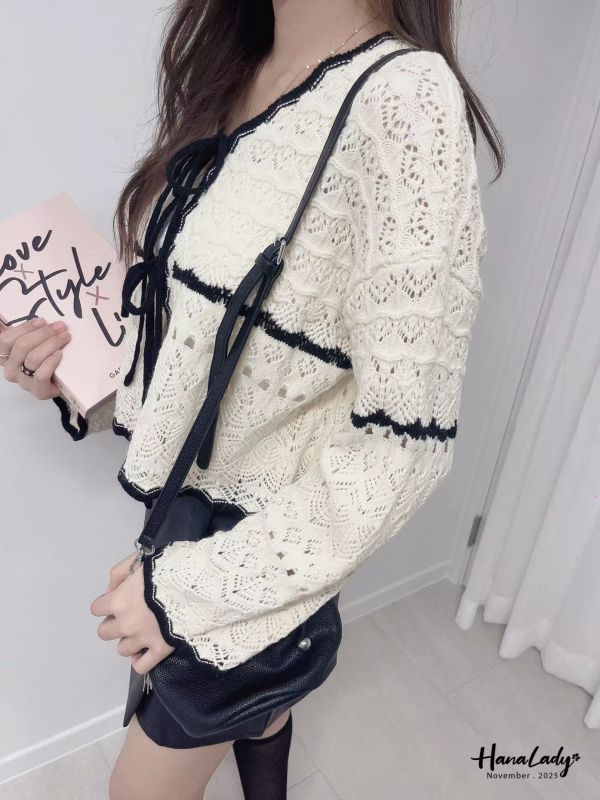 WJB11 簍空編織波浪綁結衫 