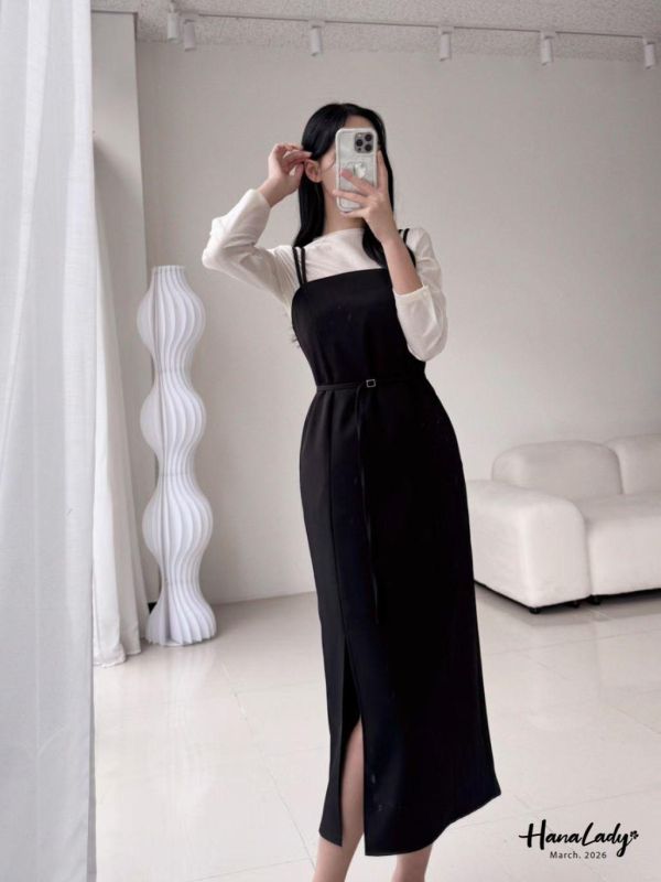 LSA46 知性釦帶側開衩洋裝 