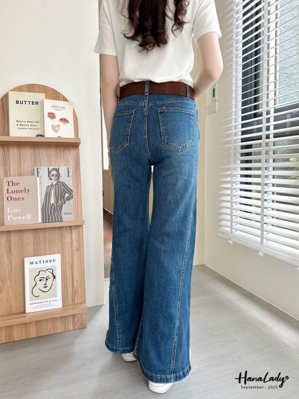 WKA59 復古麂皮腰帶喇叭丹寧褲 