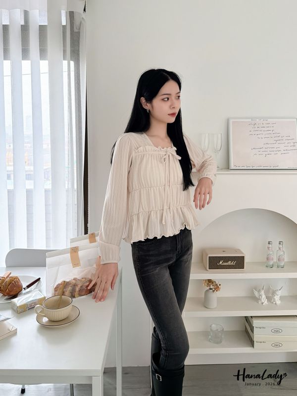 LEA59 綁結領層次QQ邊上衣 