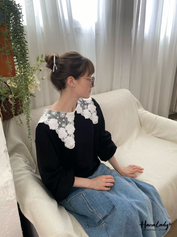 WJA29 浪漫蕾絲玫瑰刺繡領上衣 