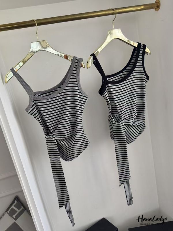 WJA50 收腰綁帶兩件式條紋上衣 