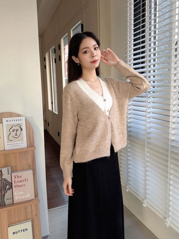 WQB27 假兩件配色V領針織上衣 