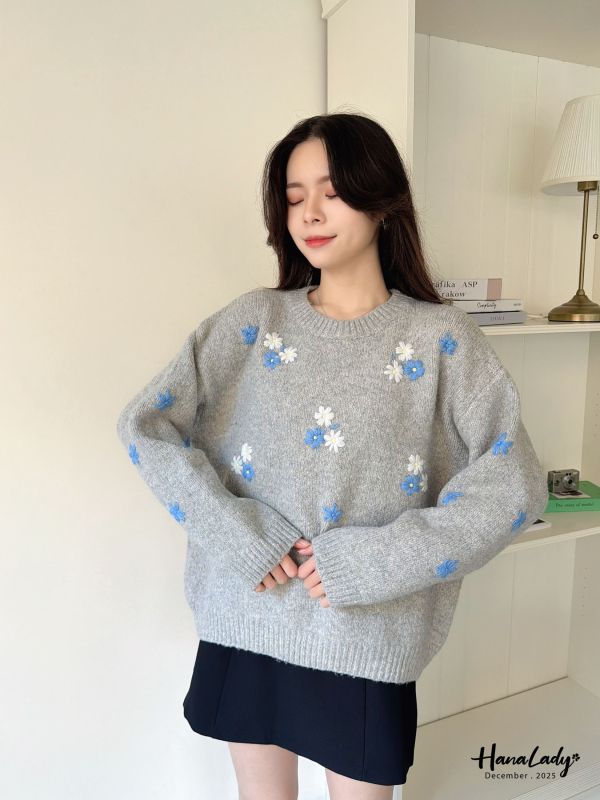 WQA66 可愛繡花配色針織上衣 