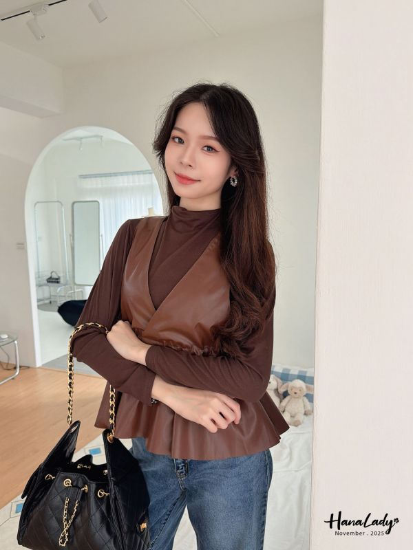 WJA10 率性兩件式收腰皮革上衣 