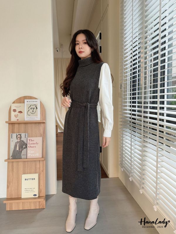 WQB11 高領針織襯衫袖連身裙 